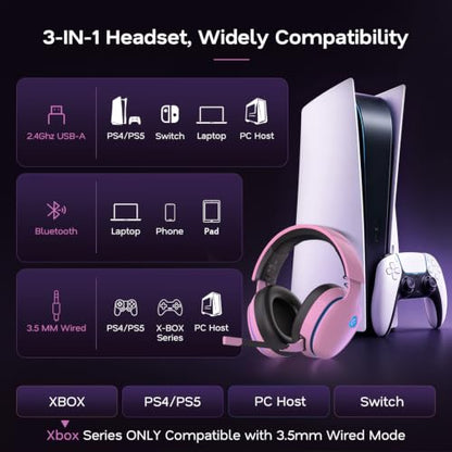 AOC 2.4GHz Wireless Gaming Headset for PS5, PS4, Switch, 45Hr, Blush Pink | Bluetooth 6.0 Gaming Headphones with Noise Canceling Mic, 7.1 Virtual Surround, Great for Fortnite & Call of Duty/FPS Gamers - color: Blush Pink