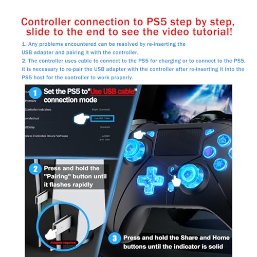 Dinosoo RGB Wireless Controller with LED Light & Remap Back Buttons, Adjustable Turbo, 2.4G Adapter for PS5, PC - color: Blue