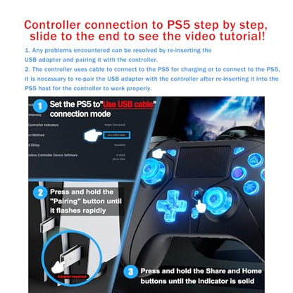 Dinosoo RGB Wireless Controller with LED Light & Remap Back Buttons, Adjustable Turbo, 2.4G Adapter for PS5, PC - color: Blue