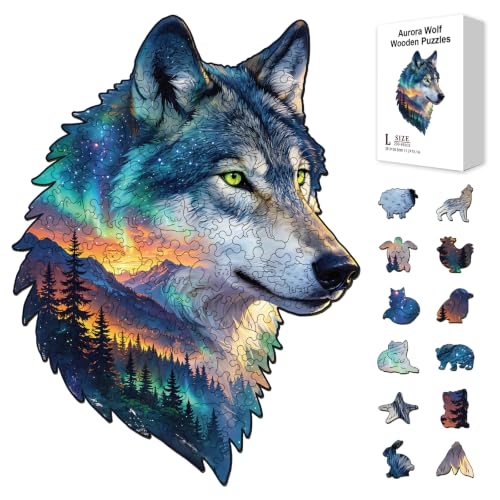 300pcs Wooden Puzzles for Adults Aurora Scenery Wolves | Wood Jigsaw Puzzles with Unique Animal Shaped Pieces Challenging Puzzle for Family Game Birthday Gift Home Decor - color: Aurora Scenery Wolves