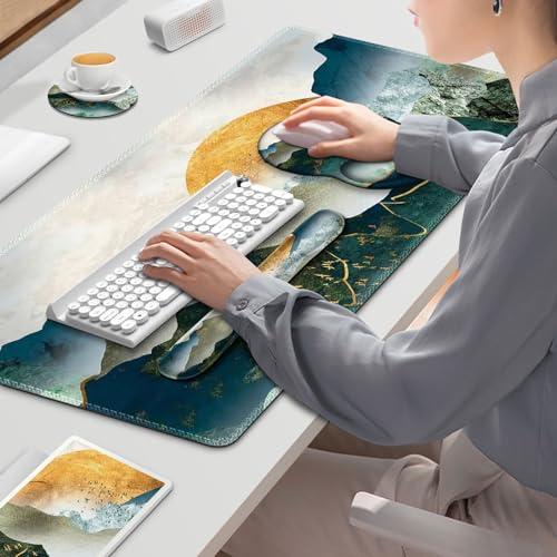 Gaming Mouse Pad, Large Desk Mat, Cute Desk Pad Protector, 4in1 XXL Mousepad +Keyboard Wrist Rest+Mouse Wrist Rest+Coaster Set with Ergonomic Desk Pad for Home Office Table Computer Green Mountain - color: Green Mountain
