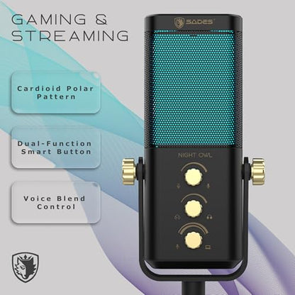 Sades Night Owl USB Gaming Microphone – Cardioid Condenser Mic with RGB Lighting, Gain Control, Plug and Play for PC, Streaming & Podcasting (Black) - color: Black
