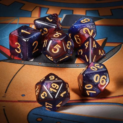 QMAY DND Dice Set - Polyhedral Dice (Blue Mix Purple Nebula) 7 Pcs for Dungeon and Dragons D&D RPG Role Playing Games Dice with Dice Bag - color: Blue Purple Nebula