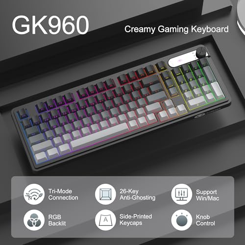 MageGee GK960 Wireless Keyboard, 98 Keys Tri-Mode BT/2.4G/Wired Membrane Gaming Keyboard, RGB Creamy Keyboard with Number Pad, Knob Control, Side Printed Keycaps, 4000mAh Battery - Black & Gray - color: Black & Gray