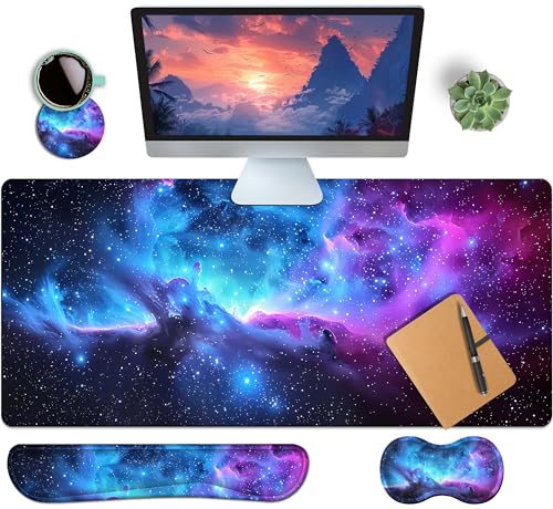 4-Piece Extended Large Mouse Pad Set for Women Men with Galaxy Design Includes 35.4 x 15.7 XXL Large Mouse Pad Keyboard Wrist Rest Mouse Wrist Support and Coaster for Office Home - color: Galaxy, size: Extra XXL -35.4"X15.7"