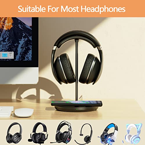 Headphone Stand with Wireless Charger, Gaming Headset Holder Hanger Rack 2 IN 1 Wireless Charging Station Dock for iPhone 15/14/13/12/11 Series, Samsung, AirPods Pro/3/2 and Desk All Headphones, Black - color: A-Black