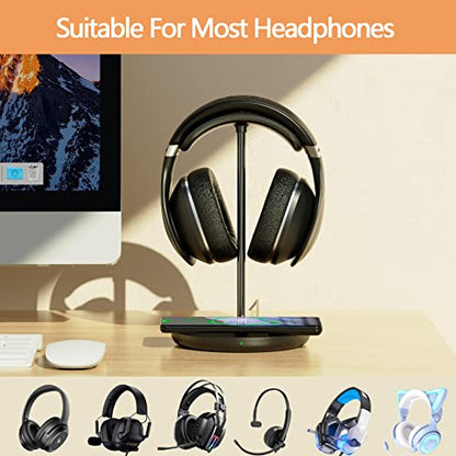 Headphone Stand with Wireless Charger, Gaming Headset Holder Hanger Rack 2 IN 1 Wireless Charging Station Dock for iPhone 15/14/13/12/11 Series, Samsung, AirPods Pro/3/2 and Desk All Headphones, Black - color: A-Black