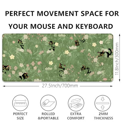 Cute Cats Desk Pad Mouse Pad,Sage Green Plants Flowers Floral Mouse Mat Large,Stitched Edges Non-Slip Waterproof Rubber Base Mous Mat for Office Home Work Gaming(27.5X11.8 in) - color: Cute Cats Green Plants