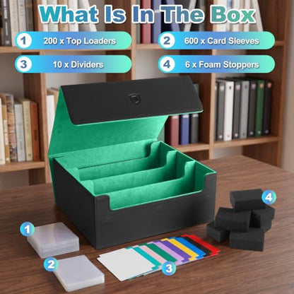 Trading Card Storage Box, Holds 1800 Sleeved Card, PU Magnetic Closure | 200 Toploaders and 600 Penny Sleeves INCLUDED, 10 Dividers and 6 Foam Stoppers INCLUDED, Fit for MTG, TCG and Sports Cards - color: Black and Green