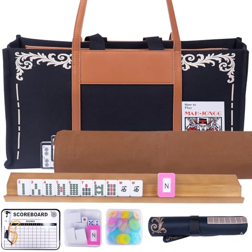 1 American Mahjong Set,Complete Game Kit, 166 Tiles Mahjong Tile Set with Wooden Pushers Racks, Carrying Bag, Mahjong Mat, Score Cards, Chips, Dice & Accessories Mahjong Set