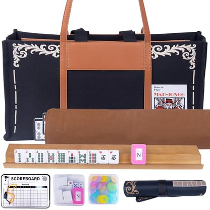 1 American Mahjong Set,Complete Game Kit, 166 Tiles Mahjong Tile Set with Wooden Pushers Racks, Carrying Bag, Mahjong Mat, Score Cards, Chips, Dice & Accessories Mahjong Set