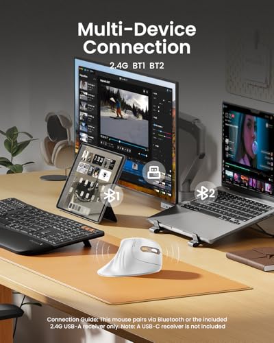 ProtoArc EM11 NL Wireless Ergonomic Mouse, Rechargeable, White Gold | 58° vertical design supports a natural wrist posture, connect 3 devices via Bluetooth/2.4G USB-A, 500mAh USB-C rechargeable. - color: White Gold