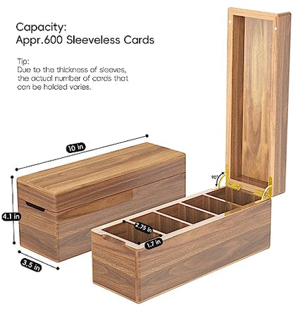 Neando Acacia Wood Trading Card Storage Box with Lid, 5-Compartment MTG & PTCG Card Organizer Fits 600+ Single Sleeved Cards, Magnetic Closure Deck Box