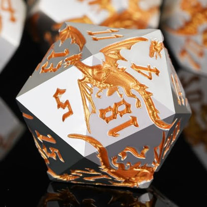 Metal D&D Dragon Dice Set,Metallic DND Polyhedral Dice for Dungeons and Dragons RPG TTRPG D&D 7-Die Set with Gift Case Pearl Silver Gold - color: Pearl Silver Gold