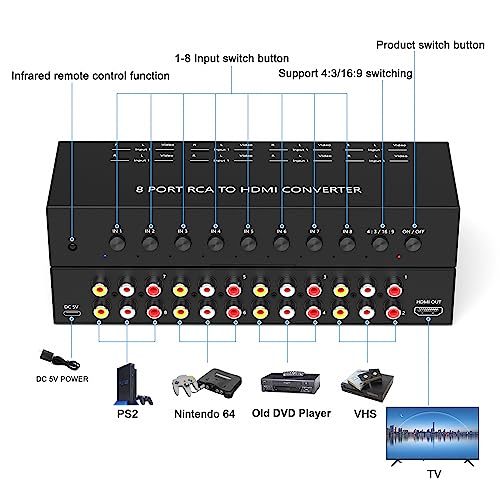 Dingsun 8Port AV to HDMI Converter, Will Convert Input Analog Aignals to a Digital Output Signal, Built-in 16:9/4:3 Adjustment, Perfect for Old Video Game Systems,PS,WII,Xbox,DVD,VHS(with Remote) - style: 8Port RCA to HDMI Converter
