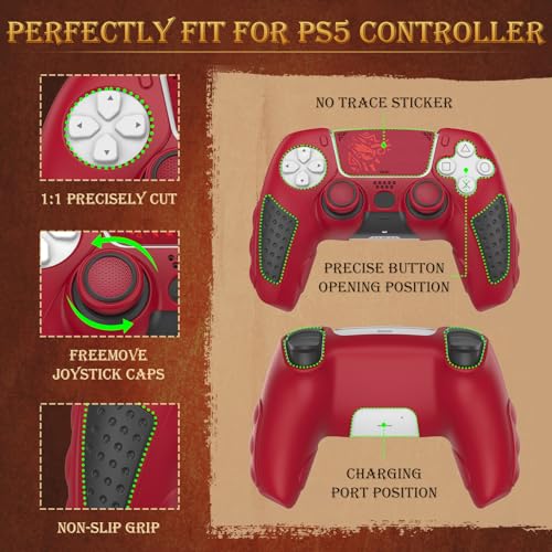 IINE Anti-Slip PS5 Controller Skin, Soft Silicone Protective Cover Case for PlayStation 5 DualSense Controller with 2 Thumb Grip Caps/Touchpad Sticker (Red) - color: Red