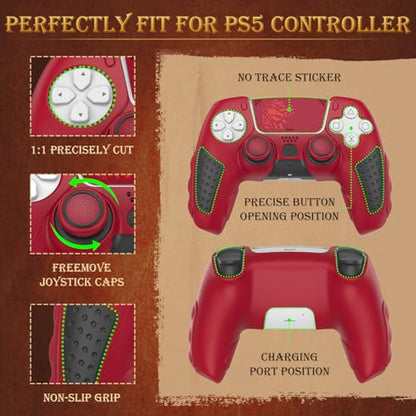 IINE Anti-Slip PS5 Controller Skin, Soft Silicone Protective Cover Case for PlayStation 5 DualSense Controller with 2 Thumb Grip Caps/Touchpad Sticker (Red) - color: Red