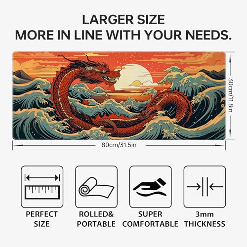 Wave Sea Dragon Gaming Mouse Pad,Anime Mouse Pad Gaming 31.5 x 11.8 in Mouse Mat Desk Pad,Extended Keyboard Pad Large Desk Mat Mousepad with Non-Slip Base and Stitched Edge for Home Office - color: Japanese Waves Sea Dragon