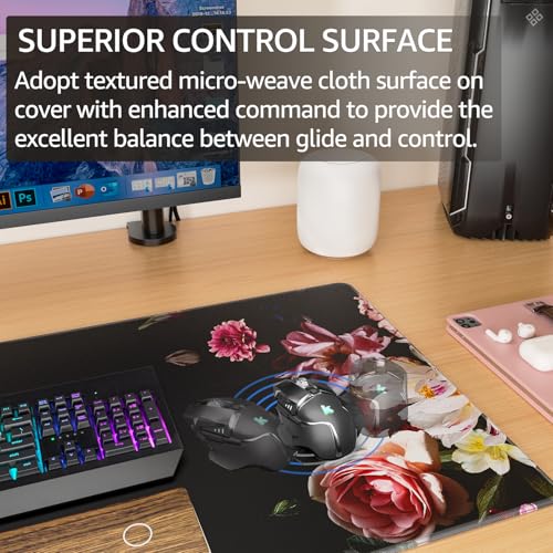 KTRIO Large Gaming Mouse Pad, Desk Mat, 31.5 x 15.7 in Peony Flower, XXL | Smooth Micro-Weave Surface, Artistic Pattern Design, Non-Slip Rubber Base, Durable Stitched Edges, Office & Home Use - color: Peony Flower, size: 31.5l X 15.7w Inches
