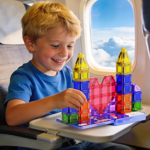 Mini Magnetic Tiles Travel Kit: 60Pcs Airplane Activities & Road Trip Toys | Visual Storage Box & Metal Play Base - Portable STEM Sensory Building Blocks for Toddlers & Kids Ages 3-8 - style: Mini Magnetic Tiles Travel Construction Set - 60PCS