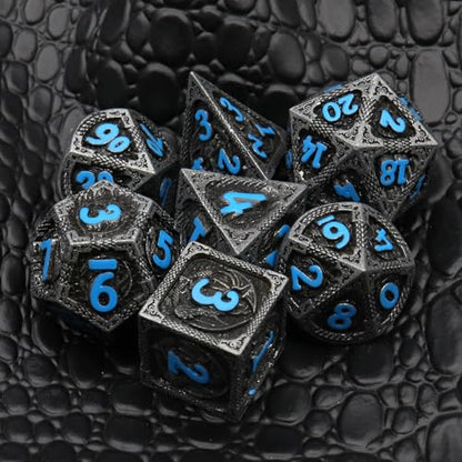 Haxtec Metal DND Dice Set Black Blue Dragon D&D Dice Set with Leather Dice Bag Metal Polyhedral Dice Compatible with Dungeons and Dragons Gifts TTRPG Dice - color: Matt Black Blue