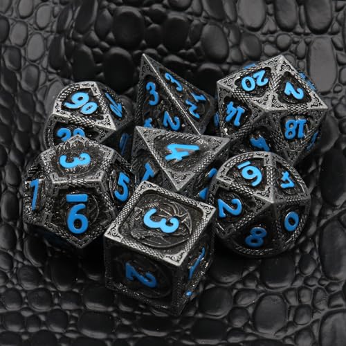 Haxtec Metal DND Dice Set, 7 Pcs Dragon Pattern Polyhedral Dice for RPG | Blue Numbers D&D with Leather Bag, Compatible with Dungeons and Dragons, Matte Black Heavy Metallic, Gifts for Table Games - color: Matt Black Blue