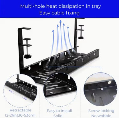 Extendable Under Desk Cable Management Tray, 17"-28.7" Clamp On Cord Organizer, No Drilling Metal Cable Management Holds Up to 11 lbs, Desk Storage for Office and Gaming Accessories