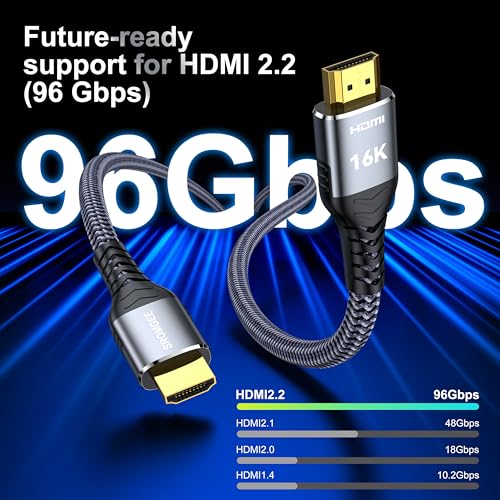 16K 8K 4K HDMI Cable 2.2 6.6ft, 96Gbps Ultra High Speed Braided HDMI 2.1 Cable, HDMI to HDMI Cable Supports 8K 4K 240Hz 144Hz 120Hz HDR eARC HDCP 2.2&2.3, Compatible HDTV Monitor Soundbar Xbox PS5/4 - size: 6.6 ft
