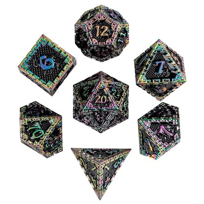 UDIXI Metal Dice Set D&D, Rainbow Metal DND Dice Set for RPG Tabletop Games | 7-Pieces, Dragon Carved, Chain-edge Design, Metal Gift Box, DM Gift, for Dungeons and Dragons Role Playing Games - color: Chain Frame-colorful Black