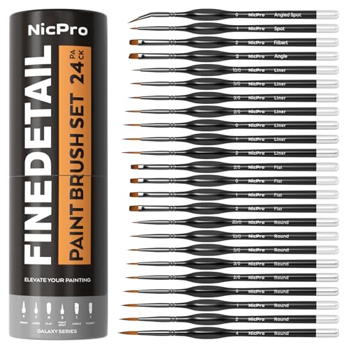 Nicpro 24 PCS Miniature Paint Brushes,Fine Tip Micro Detail Paint Brush Set | for Acrylic Watercolor Oil Gouache, Paint by Numbers, Model, Miniatures, Craft, Rock Painting - with Container - style: 24 Pack (Detail)