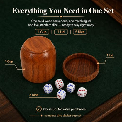 Toddmomy Wooden Dice Cup with Lid and Tray, Solid Wood Shaker Set with 5 Dice for Bar KTV Party, Board Game Accessories for Game Night