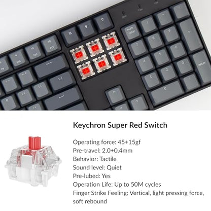 Keychron K10 Full Size 104 Keys Bluetooth Wireless Mechanical Gaming Keyboard for Mac Windows with Keychron Super Red Switch, Multitasking/White LED Backlight/USB C Wired Computer Keyboard - color: Keychron Super Red Switch