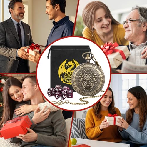 3 Head Dragon Small D&D Dice Set, Steampunk Bronze Pocket Watch Shell Case, 7pcs Polyhedral Acrylic DND Dice, Dragon Gift Bag, RPG Tabletop Games Accessories, DND Starter Set, Purple Dice - color: 3 Dragon Head D
