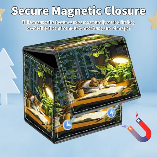 Card Deck Box for MTG Commander,Collectible Trading Storage Box Fits 120+ Single Sleeved Cards Magnetic Case PU Leather for Magic Commander TCG CCG MTG,Cat Book Plant - color: Cat Book Plant
