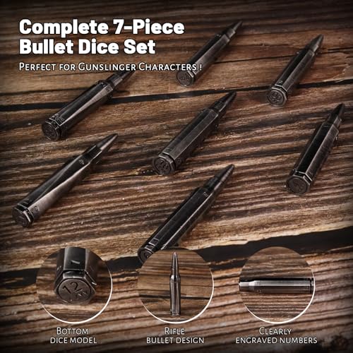 CZYY Rifle Bullet Dice Set, Metal 7 Polyhedral Dice Set for Tabletop Games | D4 to D20 & D%, Spinning Cylinder-Style Case, Cartridge Holder Belt, Gift for RPG Players & Collectors, Silver - color: Silver