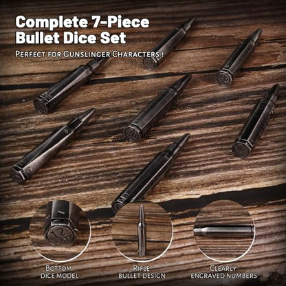 CZYY Rifle Bullet Dice Set, Metal 7 Polyhedral Dice Set for Tabletop Games | D4 to D20 & D%, Spinning Cylinder-Style Case, Cartridge Holder Belt, Gift for RPG Players & Collectors, Silver - color: Silver