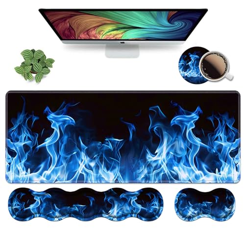 Ergonomic Keyboard Wrist Rest and Mouse Pad Wrist Rest Set, Large XXL Gaming Mousepad 31.5"x 11.8", Memory Foam, Easy Typing Pain Relief, Multifunctional Desk Mat for Office & Home, Blue Flame - color: Blue Flame