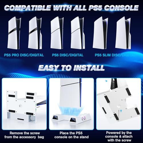 Stand and Cooling Station for PS5/PS5 Slim/PS5 Pro, with Dual Controller Charging Station for PlayStation 5 - color: Soft White
