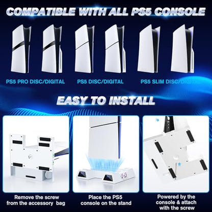 Stand and Cooling Station for PS5/PS5 Slim/PS5 Pro, with Dual Controller Charging Station for PlayStation 5 - color: Soft White
