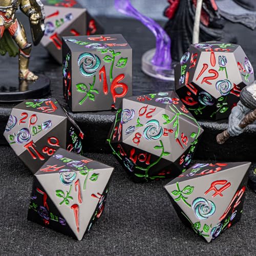 Gothic DND Dice Set Bleeding Rose Metal D and D Dice for use with Dungeons Dragons D&D Role Playing Game, Purple Green RPG Blood Polyhedral Dice Set D20 D12 D10 D8 D6 D4 - color: Purple Green&black&red Numbers