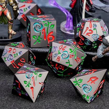 Gothic DND Dice Set Bleeding Rose Metal D and D Dice for use with Dungeons Dragons D&D Role Playing Game, Purple Green RPG Blood Polyhedral Dice Set D20 D12 D10 D8 D6 D4 - color: Purple Green&black&red Numbers