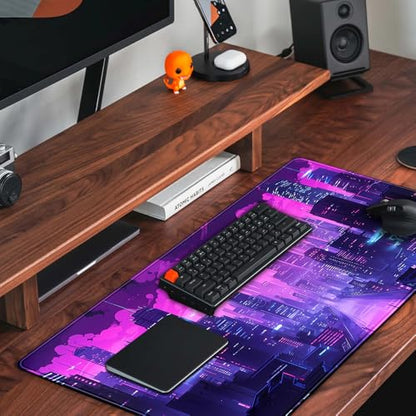 Cyberpunk Neon Purple City Gaming Desk Mouse Pad XL Pink Extended Mouse Pad Gaming, Keyboard Pc Office Laptop Mousepad Large, 31.5x15.8 in with Stitched Eges Non-Slip Base Mouse Pads - color: City Skyline