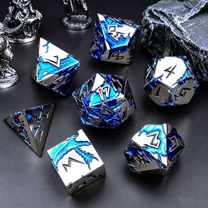 D&D Metal Dice Set, 7 Die Weighted Polyhedral Dice for Dungeons and Dragons and Pathfinder, Blue Dragon Engraved RPG Dice with Easy Read Numbers & Protective Gift Box for Tabletop Role Playing Games - color: Silver Black