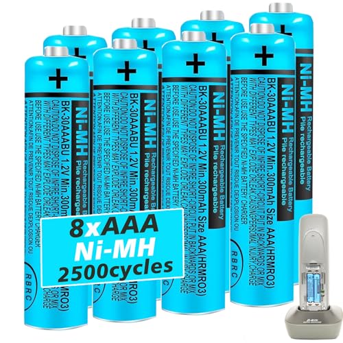 BK-30AAABU NI-MH AAA Rechargeable Battery 1.2V 300mah 8Pack AAA NiMH Batteries for Panasonic Cordless Phones, Remote Controls, Electronics