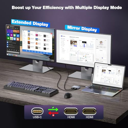 USB C to Dual HDMI Adapter, 4K@60Hz Dual Monitor Adapter for Extended & Mirror Display, HDMI Splitter Compatible with MacBook Pro/Air, Dell, HP, and Lenovo laptops - size: 6.2inch