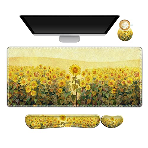 AIMSA Keyboard Mouse Pad Wrist Rest, Extended Gaming Mouse Pad +Wrist Support, Ergonomic Memory Foam,XXL Large Mousepad, 4Pcs (35×15.7 in) Desk Mat, Sunflower Oil Painting - color: Sunflower Oil Painting