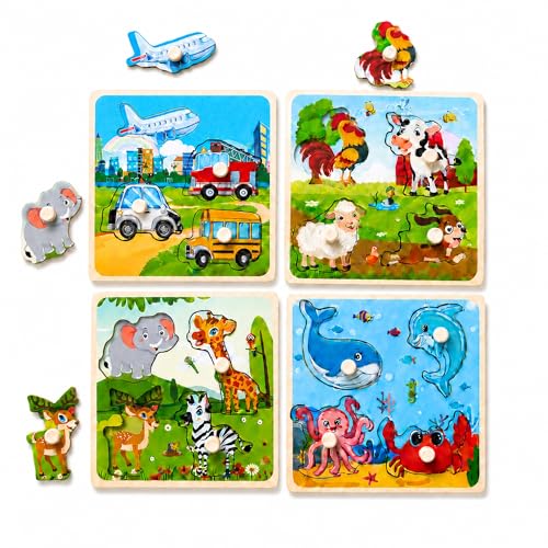Wooden Peg Puzzle Set for Toddlers, 4 Pack Animal Vehicle Ocean Farm Puzzles, Montessori Wooden Puzzles for Ages 2-4, Preschool Learning Toys for Fine Motor Skills, Gifts for Boys Girls 1 2 3 4 - color: Style D