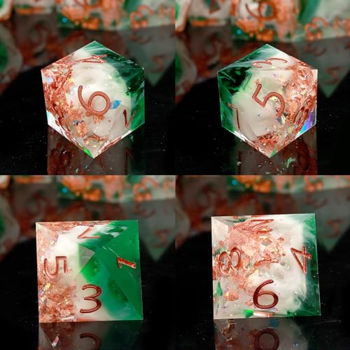 Haxtec Forest Landscape DND Dice Set Sharp Edge Resin Polyhedral Dice, Nature D&D Dice with Metal Case, Handmade Gold Flake Inside Dice Set for Dungeons and Dragons TTRPG, Green White Copper DND Gift - color: Green White