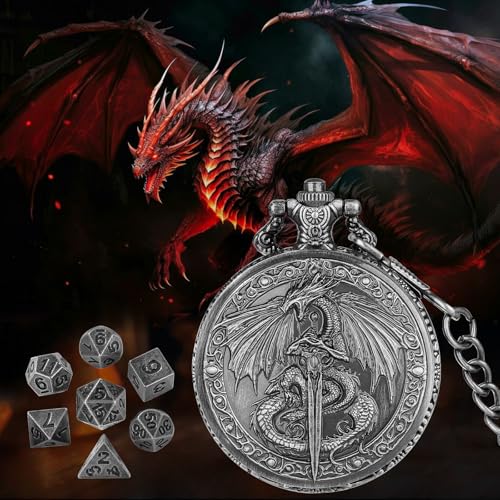 Mini DND Dice Set, Flying Dragon Holds Long Sword Pocket Watch Shell Case, DND Starter Set, 7pcs Polyhedral Metal Dice Set, D&D Gifts with Gift Bag, Role Playing Board Game Accessories, Silver - color: Dark Silver