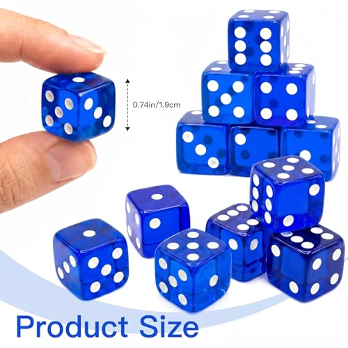 12 Piece 19 mm Casino Style Dice Set, Acrylic Translucent D6 Dice with Square Rounded Edge, Blue for Craps, Table Games, Board Games, RPG, MTG, DND(Blue) - color: Blue